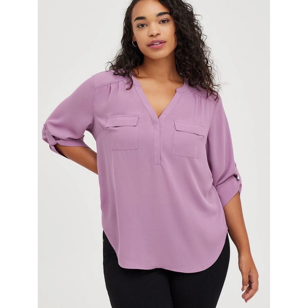 Torrid Harper Blouse Purple Georgette Roll Tab Sleeve Pullover Top Plus Size 2